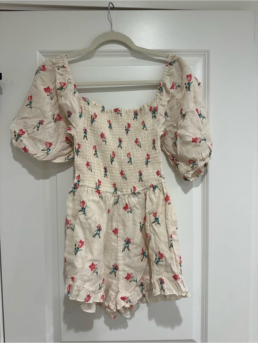 Cream Floral Smocked Romper with Puff Sleeves